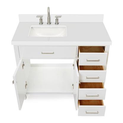 Alenza 42-inch White bathroom vanity on white back ground front view open door