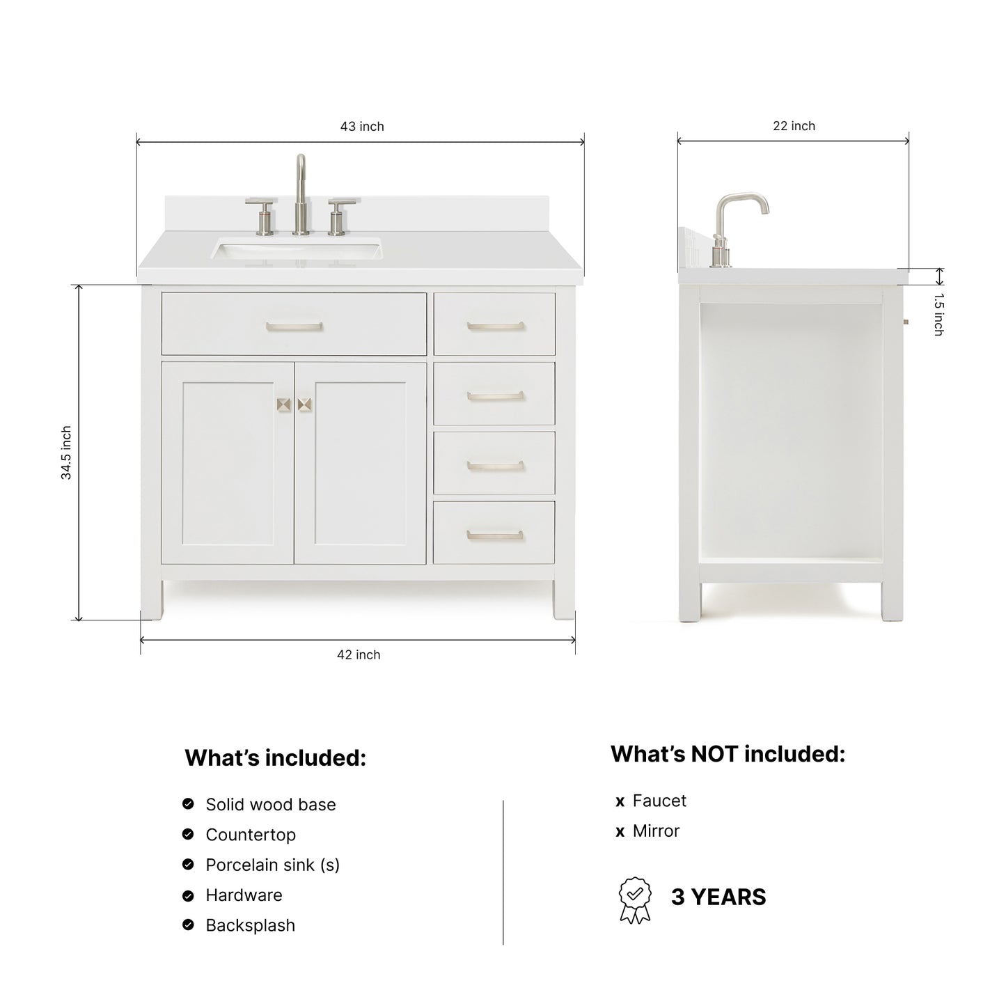 Alenza 42-inch White bathroom vanity on dimensions