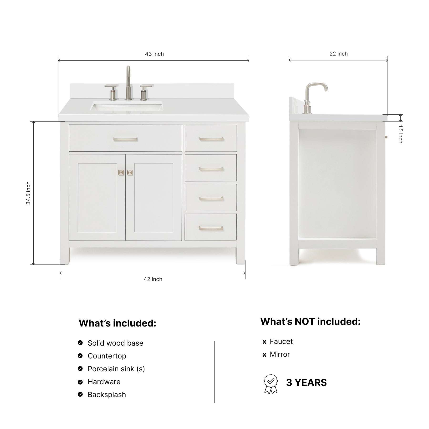 Alenza 42-inch White bathroom vanity on dimensions