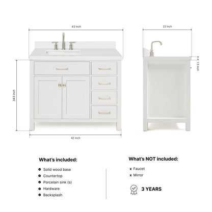 Alenza 42-inch White bathroom vanity on dimensions