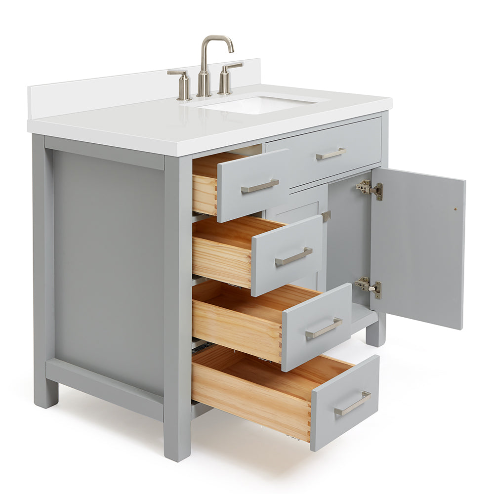 Alenza 42-inch Grey bathroom vanity on white back ground side view open door