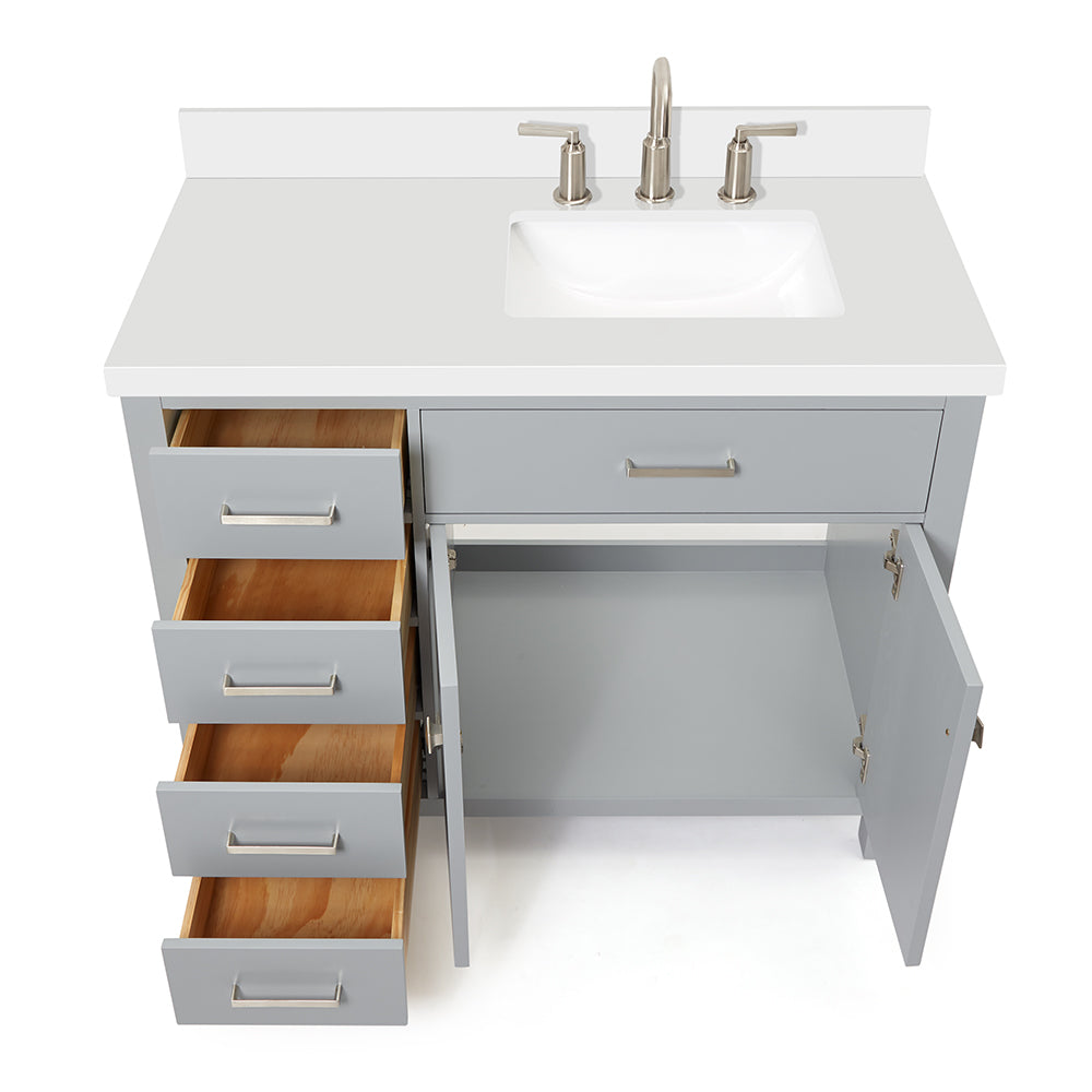 Alenza 42-inch Grey bathroom vanity on white back ground front view open door