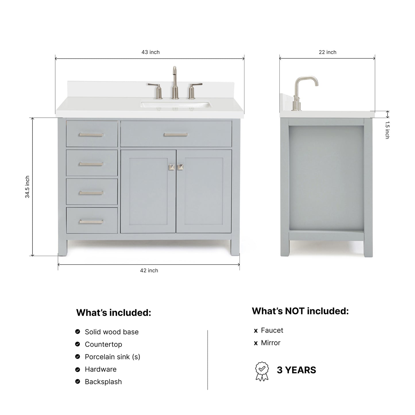 Alenza 42-inch Grey bathroom vanity on dimensions