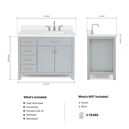 Alenza 42-inch Grey bathroom vanity on dimensions