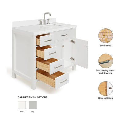 Alenza 42-inch White bathroom vanity on feature highlights: solid wood frame, soft-close doors and drawers, Sherwin-Williams paint finish
