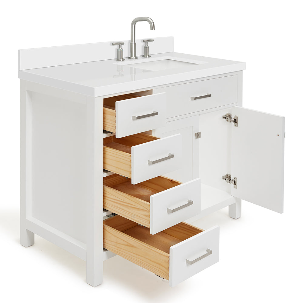 Alenza 42-inch White bathroom vanity on white back ground side view open door