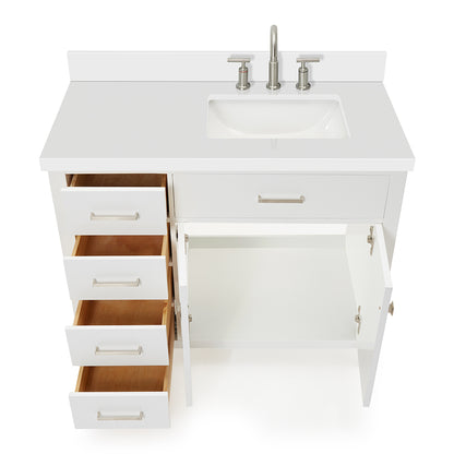 Alenza 42-inch White bathroom vanity on white back ground front view open door