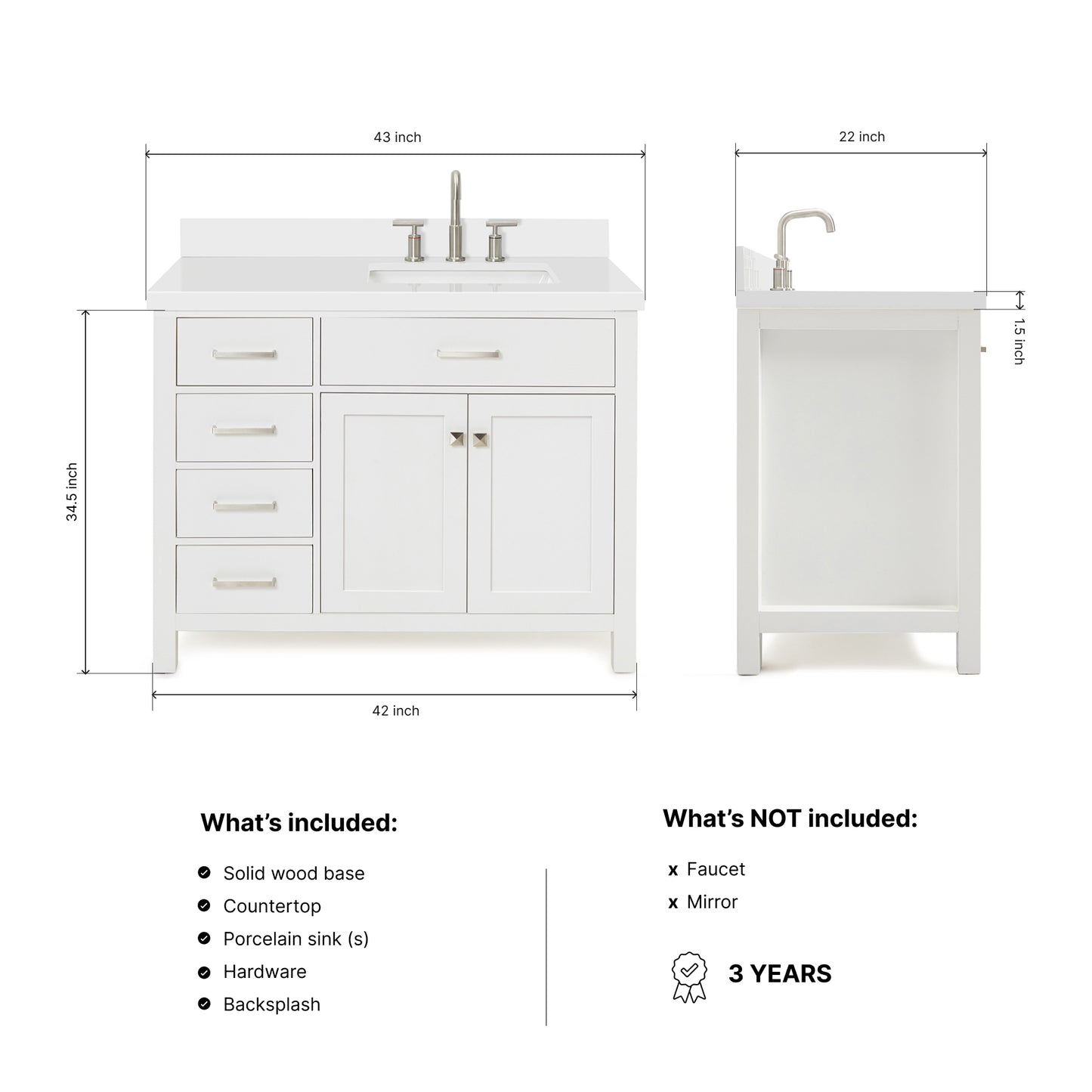 Alenza 42-inch White bathroom vanity on dimensions