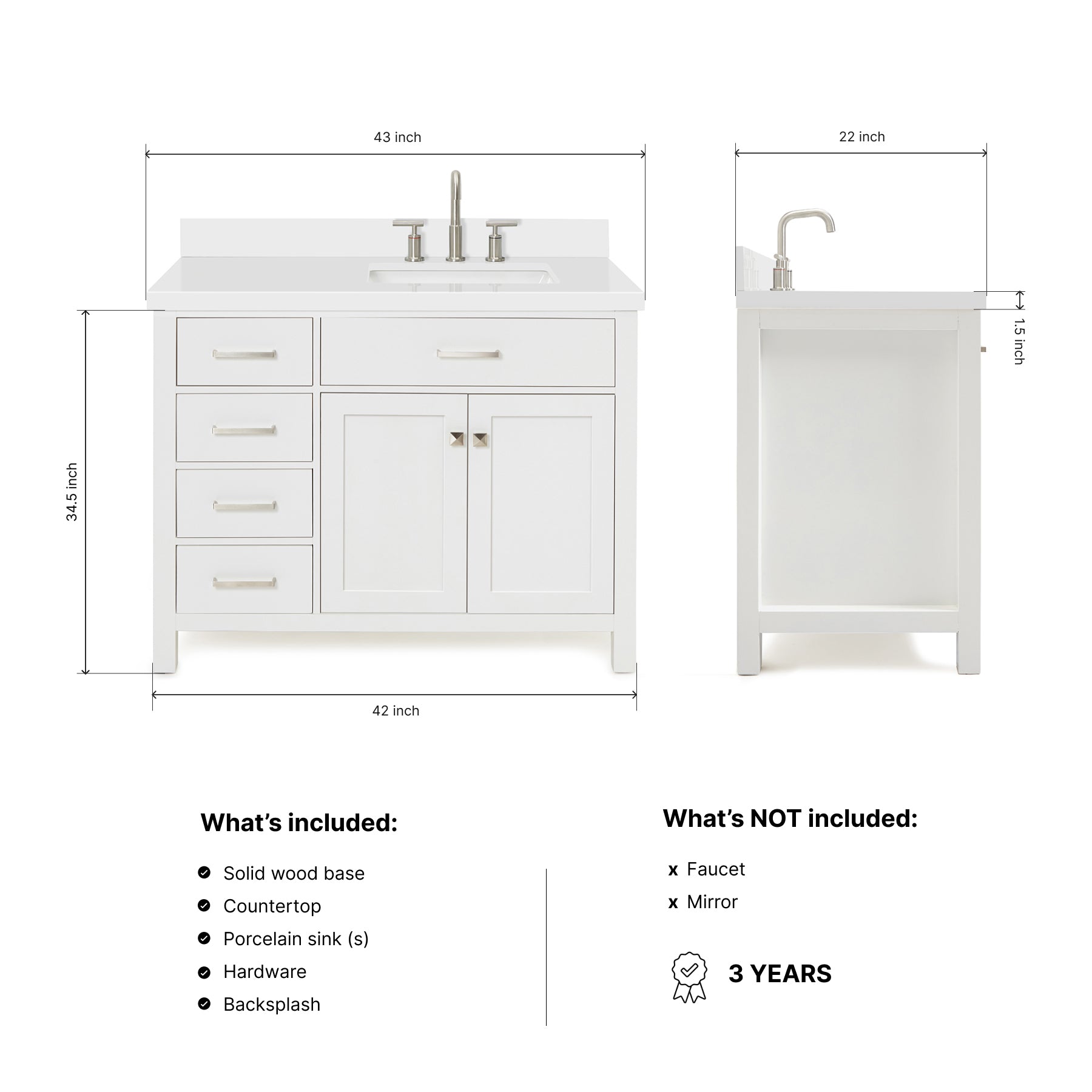 Alenza 42-inch White bathroom vanity on dimensions
