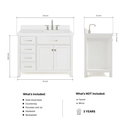 Alenza 42-inch White bathroom vanity on dimensions