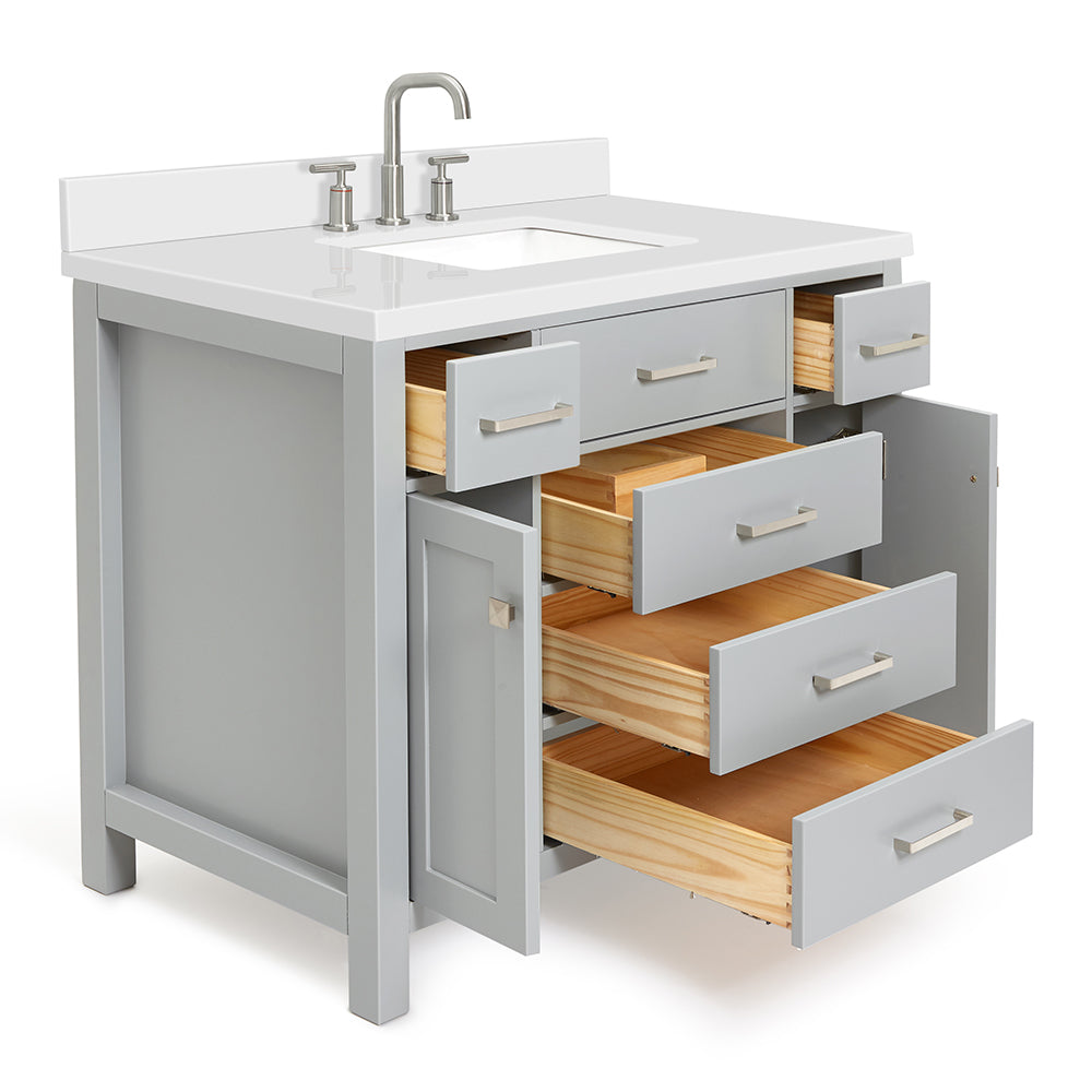 Alenza 42-inch Grey bathroom vanity on white back ground side view open door