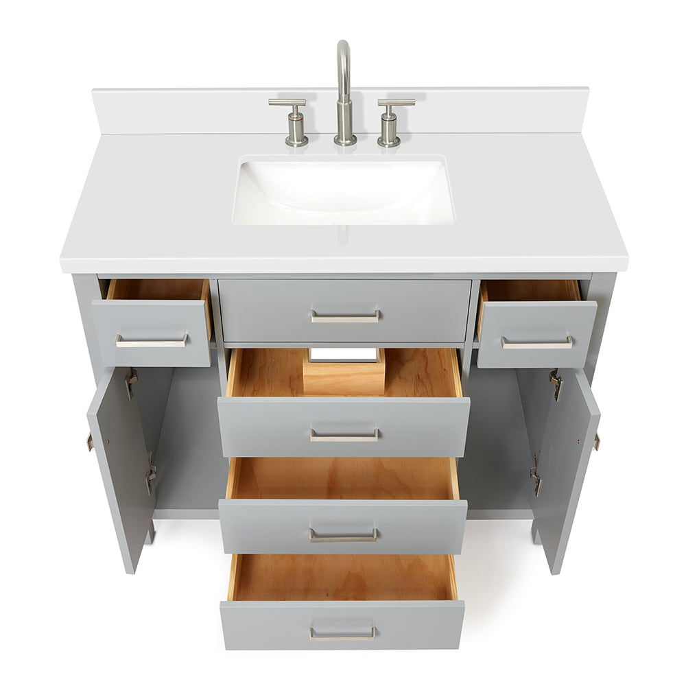 Alenza 42-inch Grey bathroom vanity on white back ground front view open door
