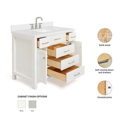 Alenza 42-inch White bathroom vanity on feature highlights: solid wood frame, soft-close doors and drawers, Sherwin-Williams paint finish