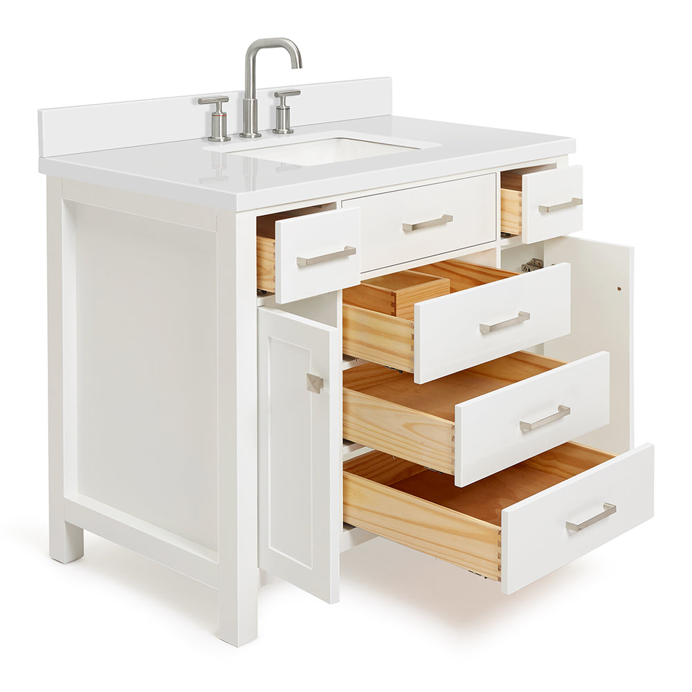 Alenza 42-inch White bathroom vanity on white back ground side view open door