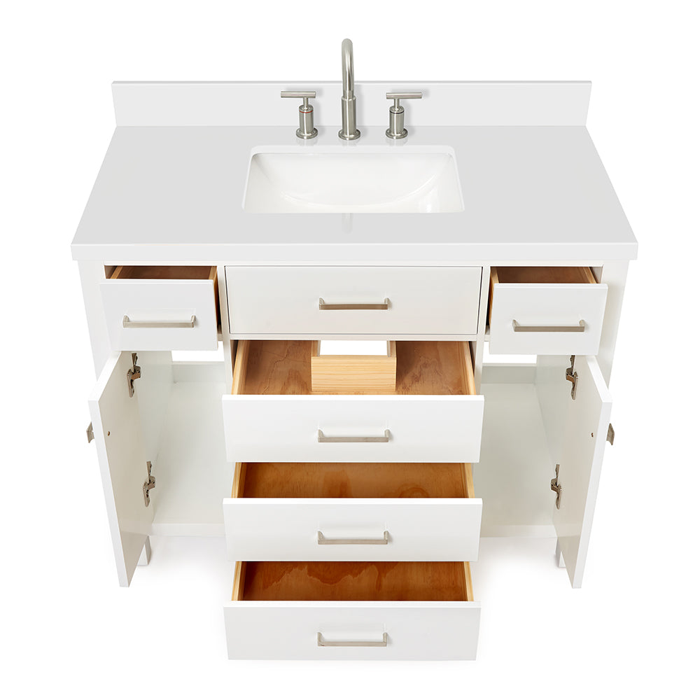 Alenza 42-inch White bathroom vanity on white back ground front view open door