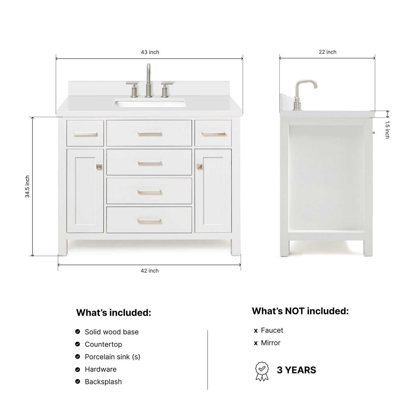 Alenza 42-inch White bathroom vanity on dimensions