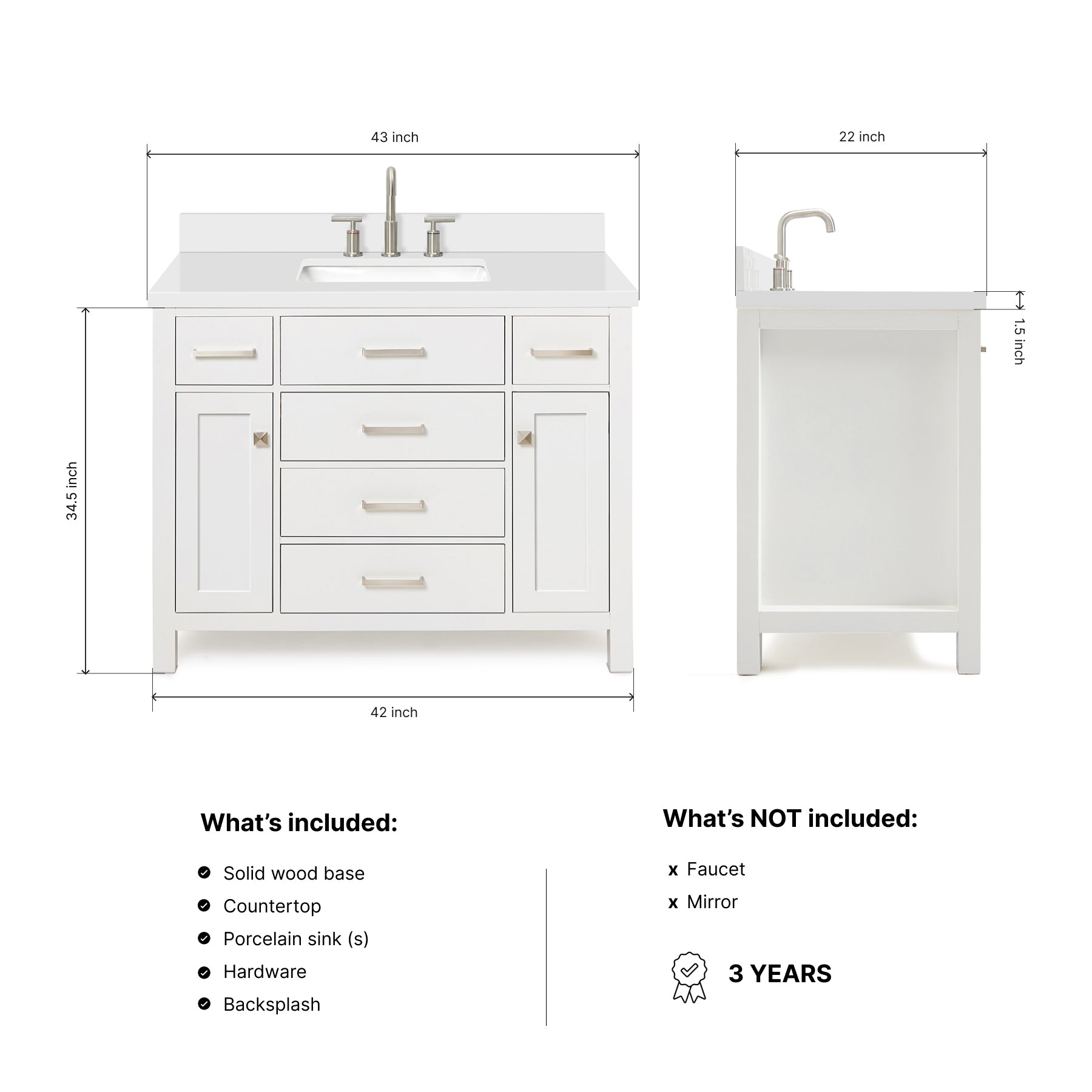 Alenza 42-inch White bathroom vanity on dimensions