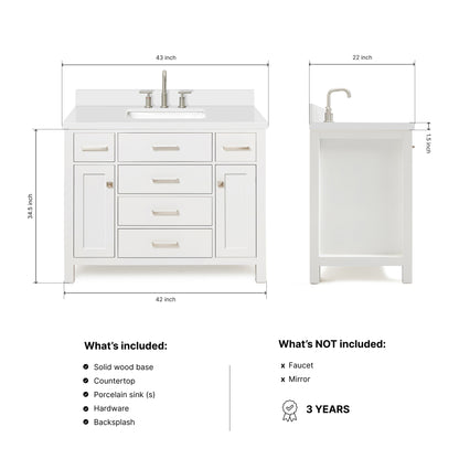 Alenza 42-inch White bathroom vanity on dimensions