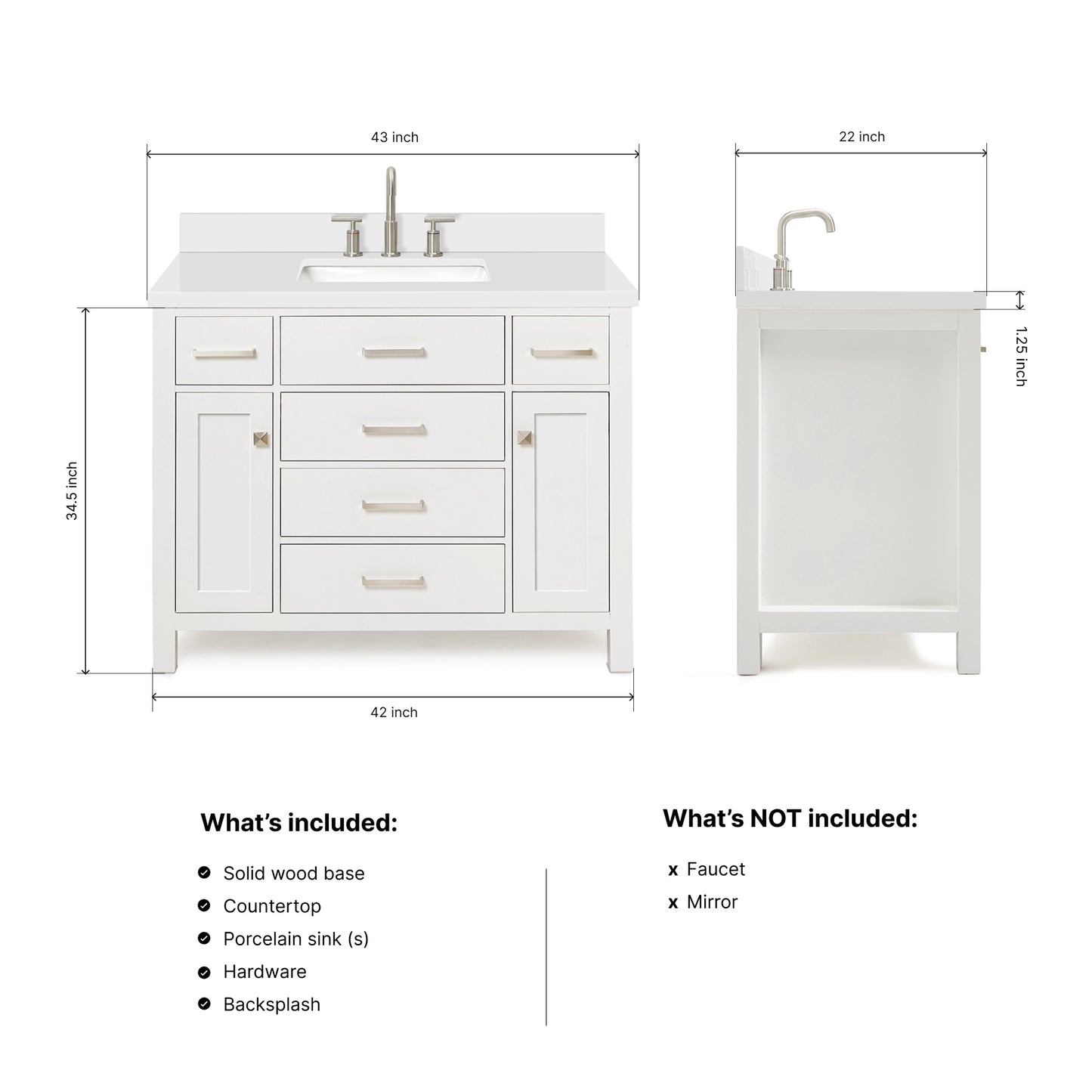 Alenza 42-inch White bathroom vanity on dimensions