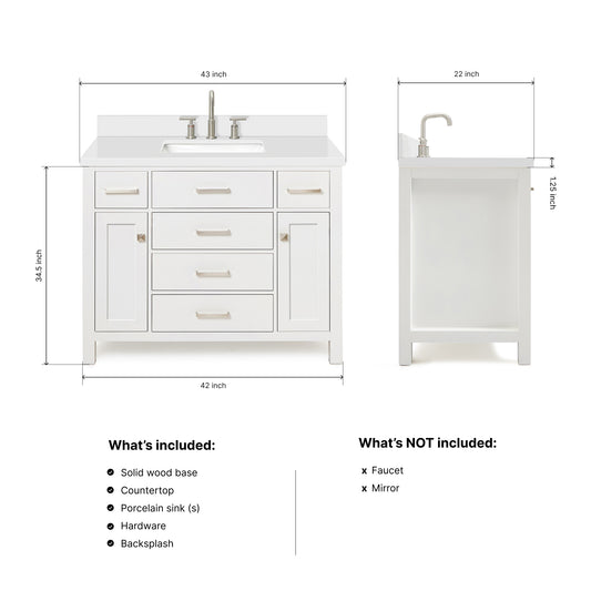Alenza 42-inch White bathroom vanity on dimensions