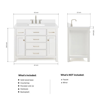 Alenza 42-inch White bathroom vanity on dimensions