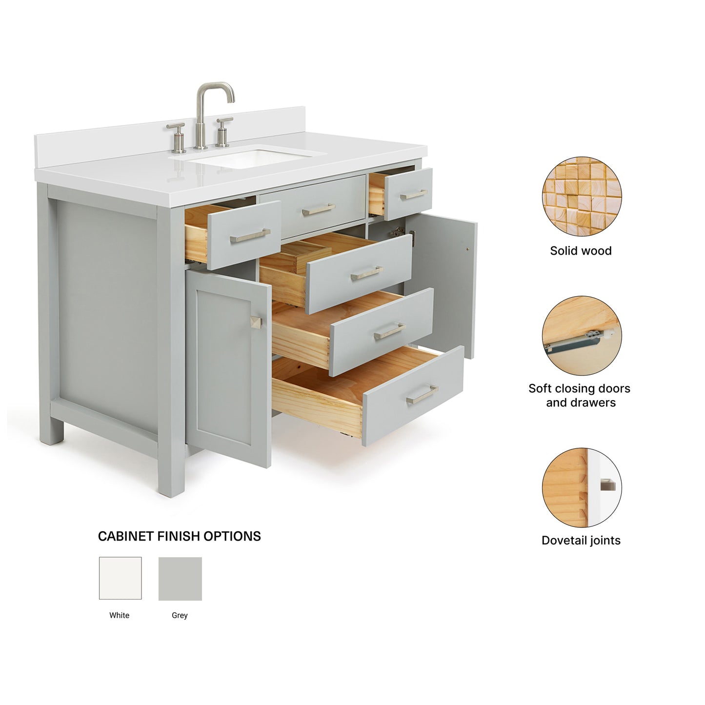 Alenza 48-inch Grey bathroom vanity on feature highlights: solid wood frame, soft-close doors and drawers, Sherwin-Williams paint finish