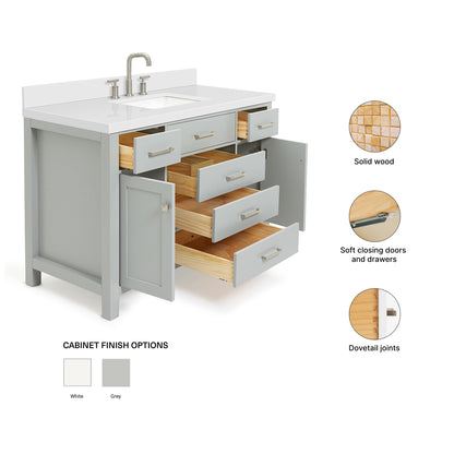 Alenza 48-inch Grey bathroom vanity on feature highlights: solid wood frame, soft-close doors and drawers, Sherwin-Williams paint finish