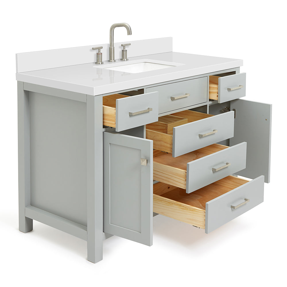 Alenza 48-inch Grey bathroom vanity on white back ground side view open door