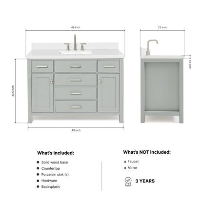 Alenza 48-inch Grey bathroom vanity on dimensions