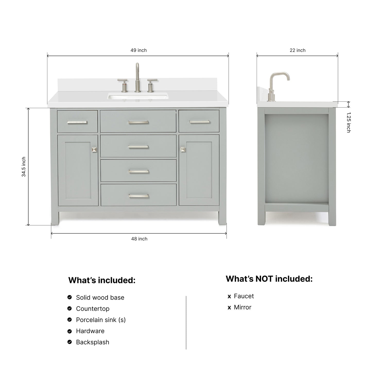 Alenza 48-inch Grey bathroom vanity on dimensions
