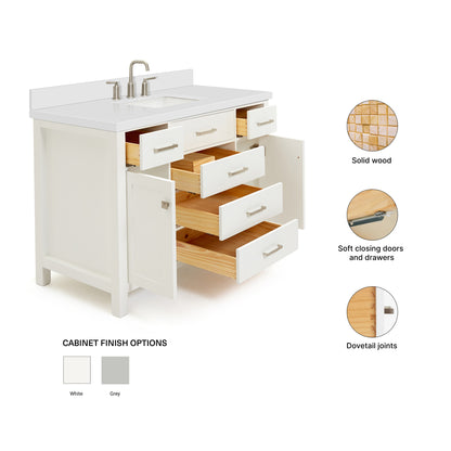 Alenza 48-inch White bathroom vanity on feature highlights: solid wood frame, soft-close doors and drawers, Sherwin-Williams paint finish