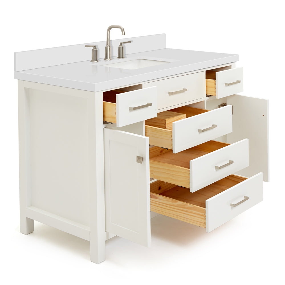 Alenza 48-inch White bathroom vanity on white back ground side view open door