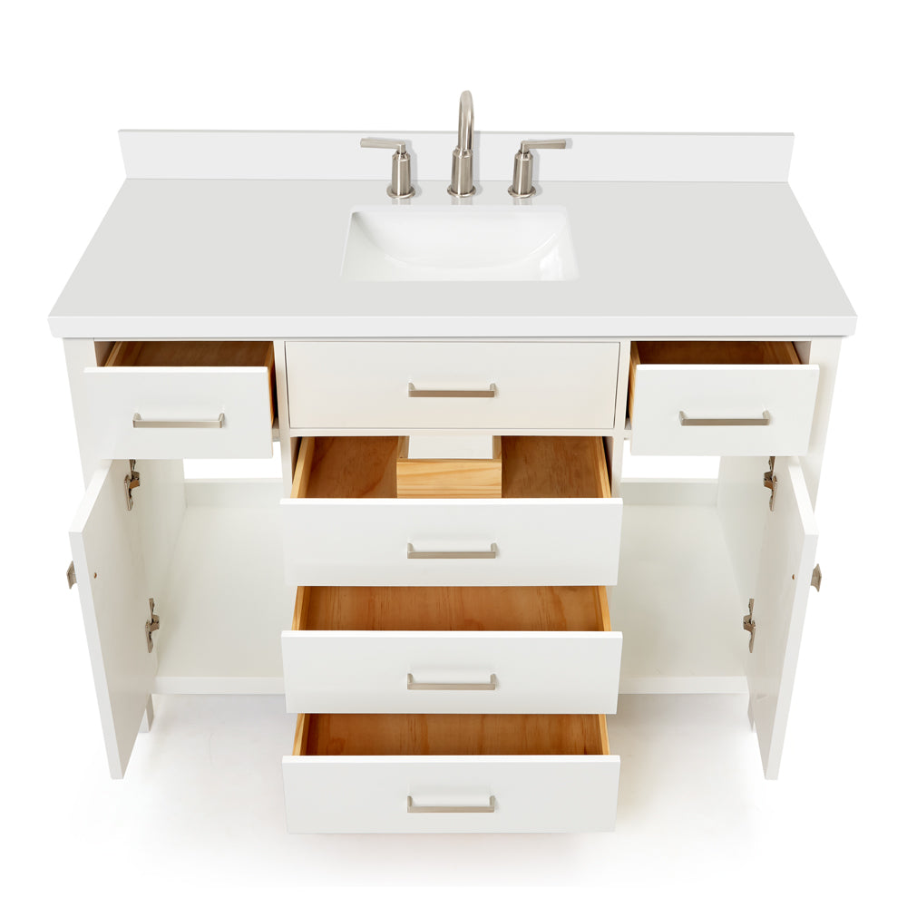 Alenza 48-inch White bathroom vanity on white back ground front view open door