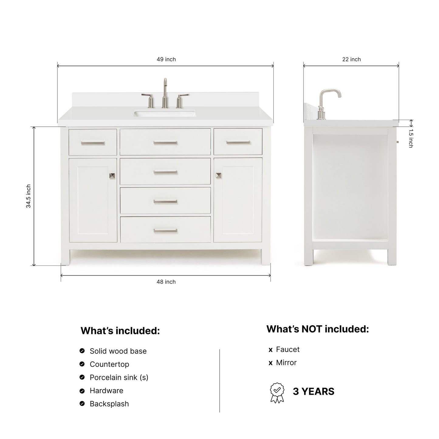 Alenza 48-inch White bathroom vanity on dimensions