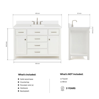 Alenza 48-inch White bathroom vanity on dimensions