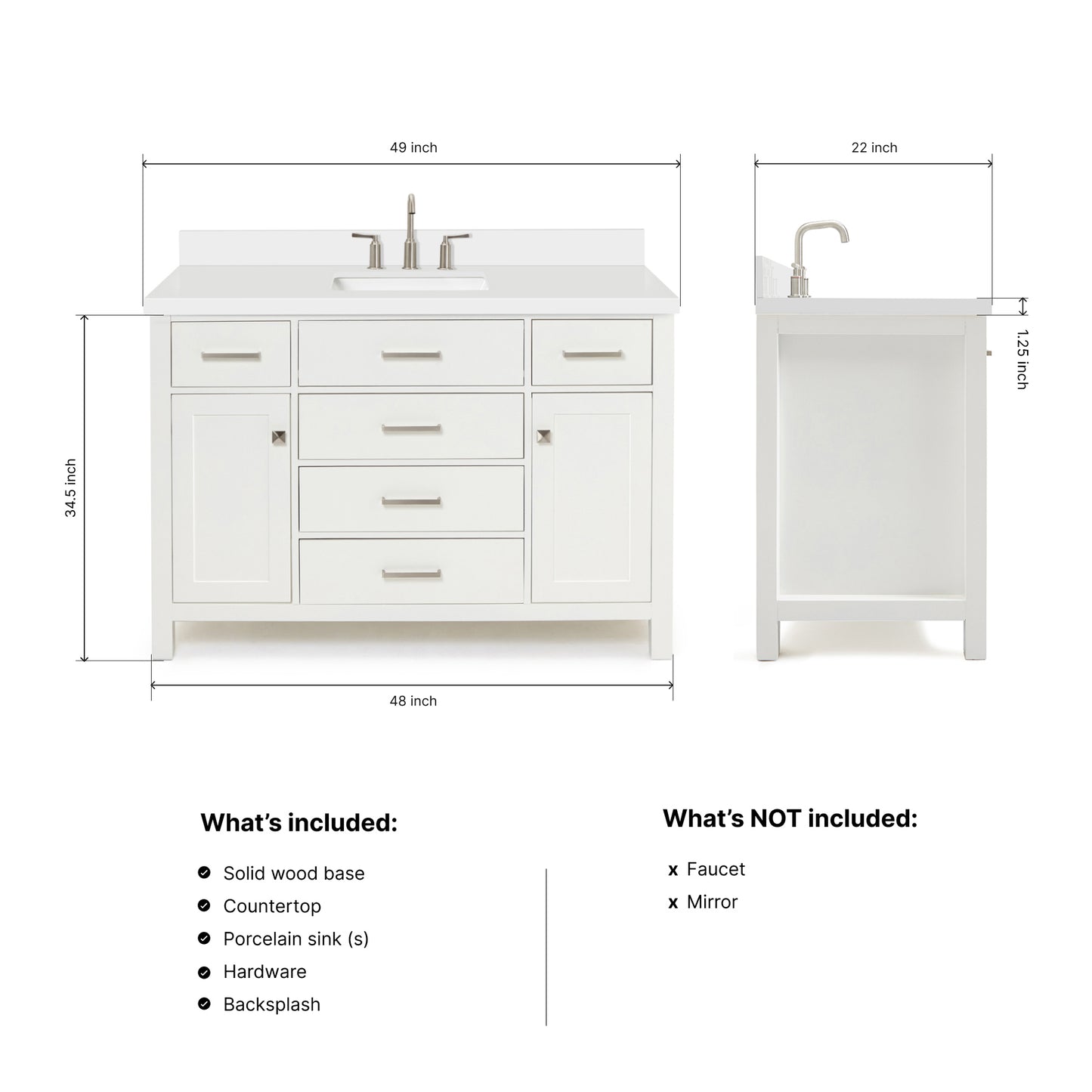 Alenza 48-inch White bathroom vanity on dimensions