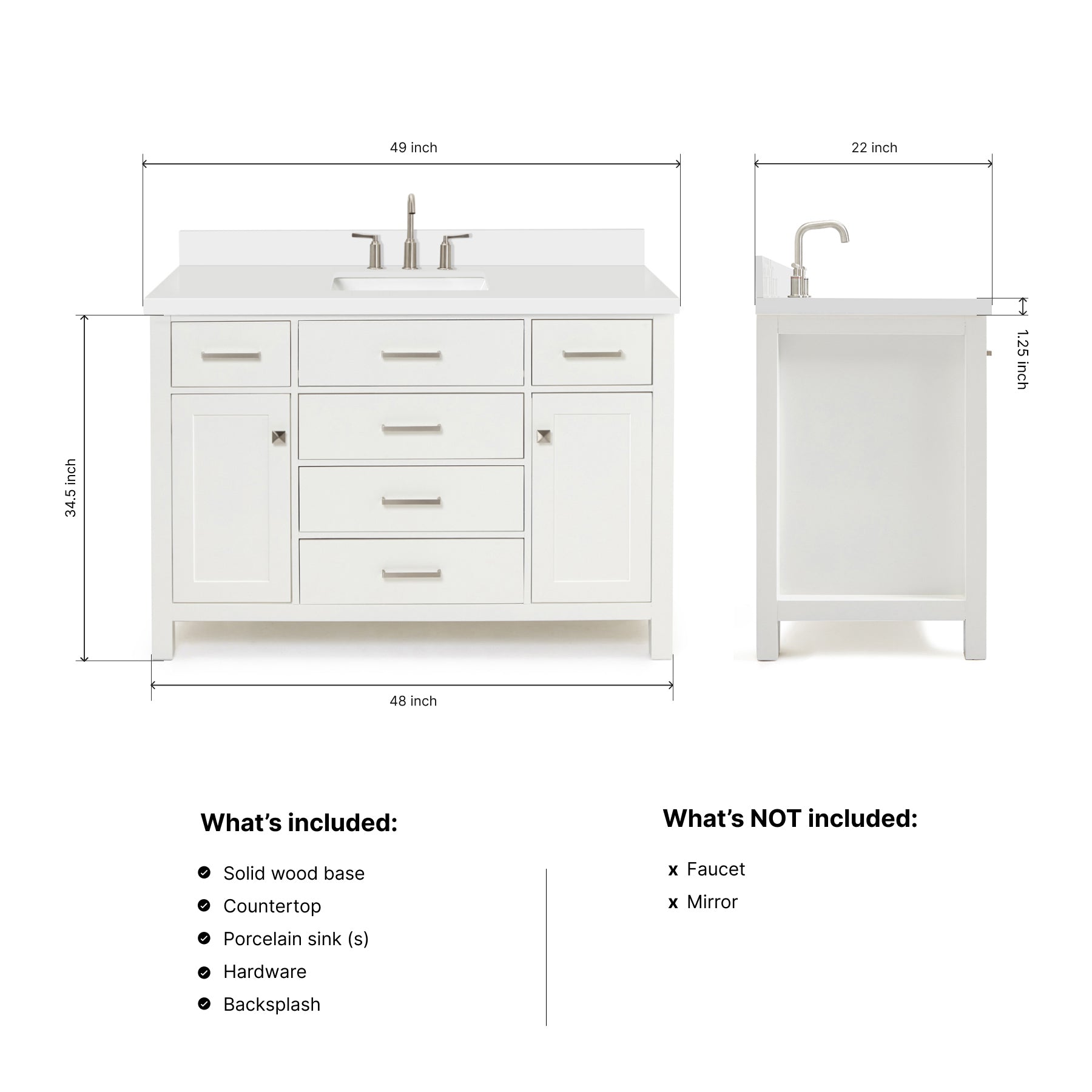 Alenza 48-inch White bathroom vanity on dimensions