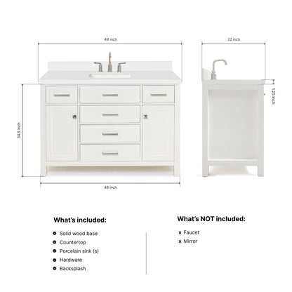 Alenza 48-inch White bathroom vanity on dimensions