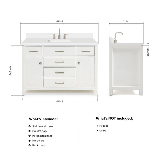 Alenza 48-inch White bathroom vanity on dimensions