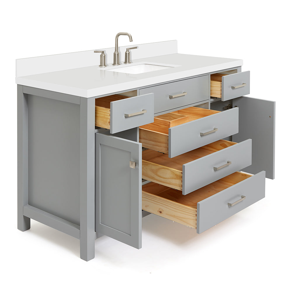 Alenza 54-inch Grey bathroom vanity on white back ground side view open door