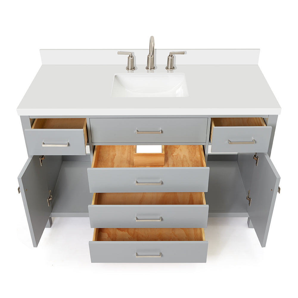 Alenza 54-inch Grey bathroom vanity on white back ground front view open door