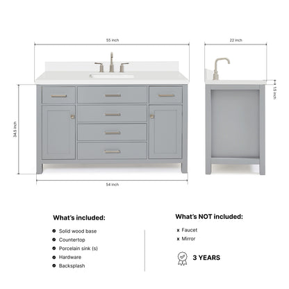 Alenza 54-inch Grey bathroom vanity on dimensions
