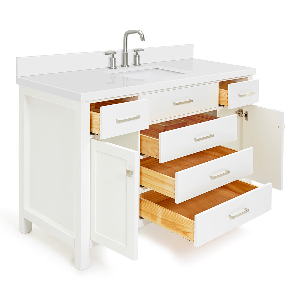 Alenza 54-inch White bathroom vanity on white back ground side view open door