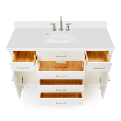 Alenza 54-inch White bathroom vanity on white back ground front view open door