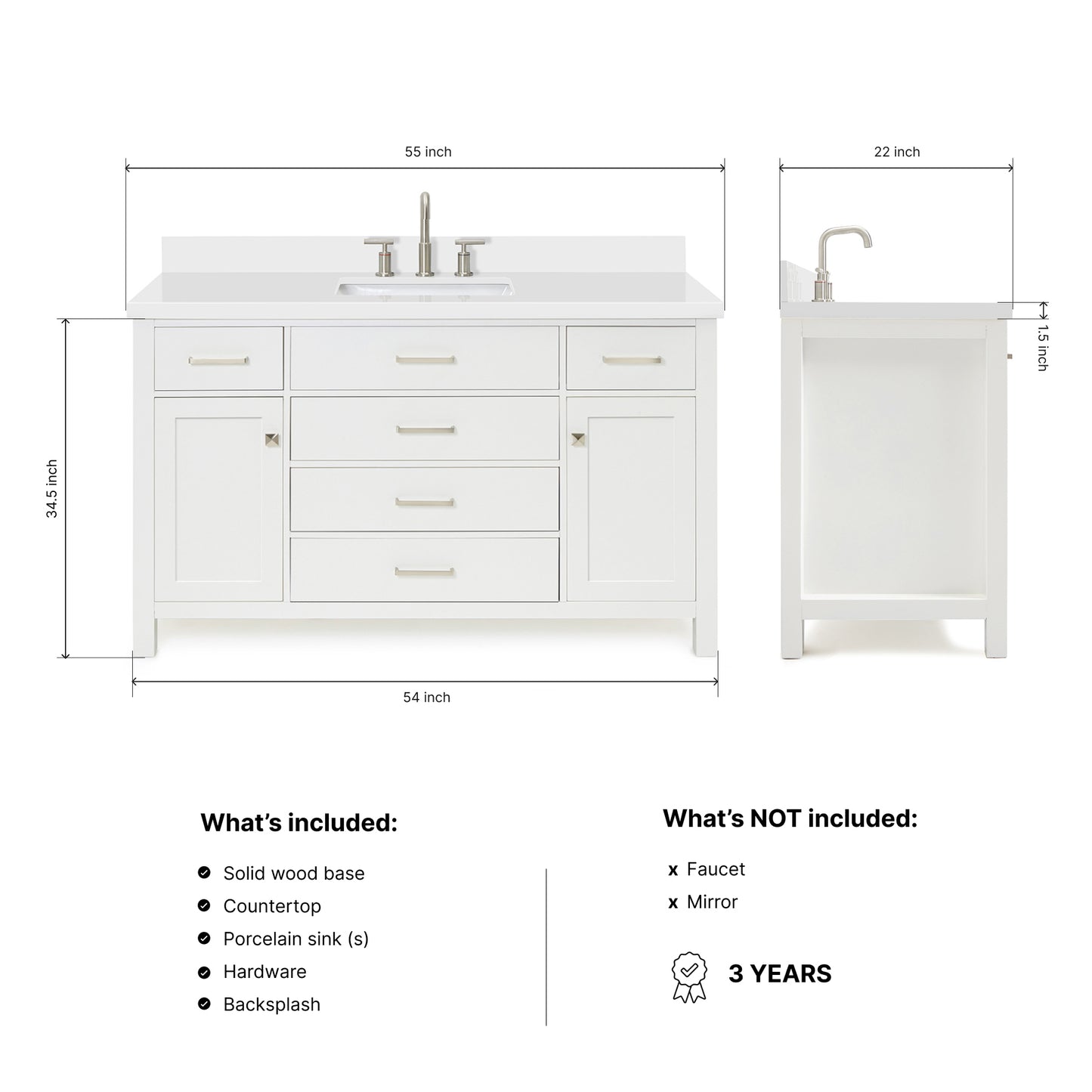 Alenza 54-inch White bathroom vanity on dimensions
