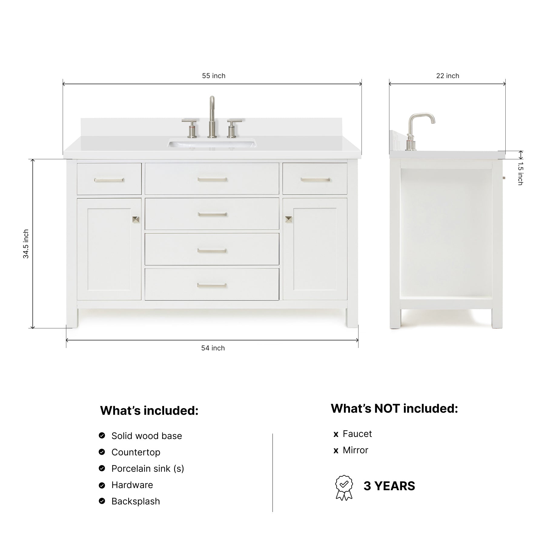 Alenza 54-inch White bathroom vanity on dimensions