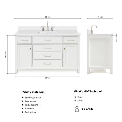 Alenza 54-inch White bathroom vanity on dimensions