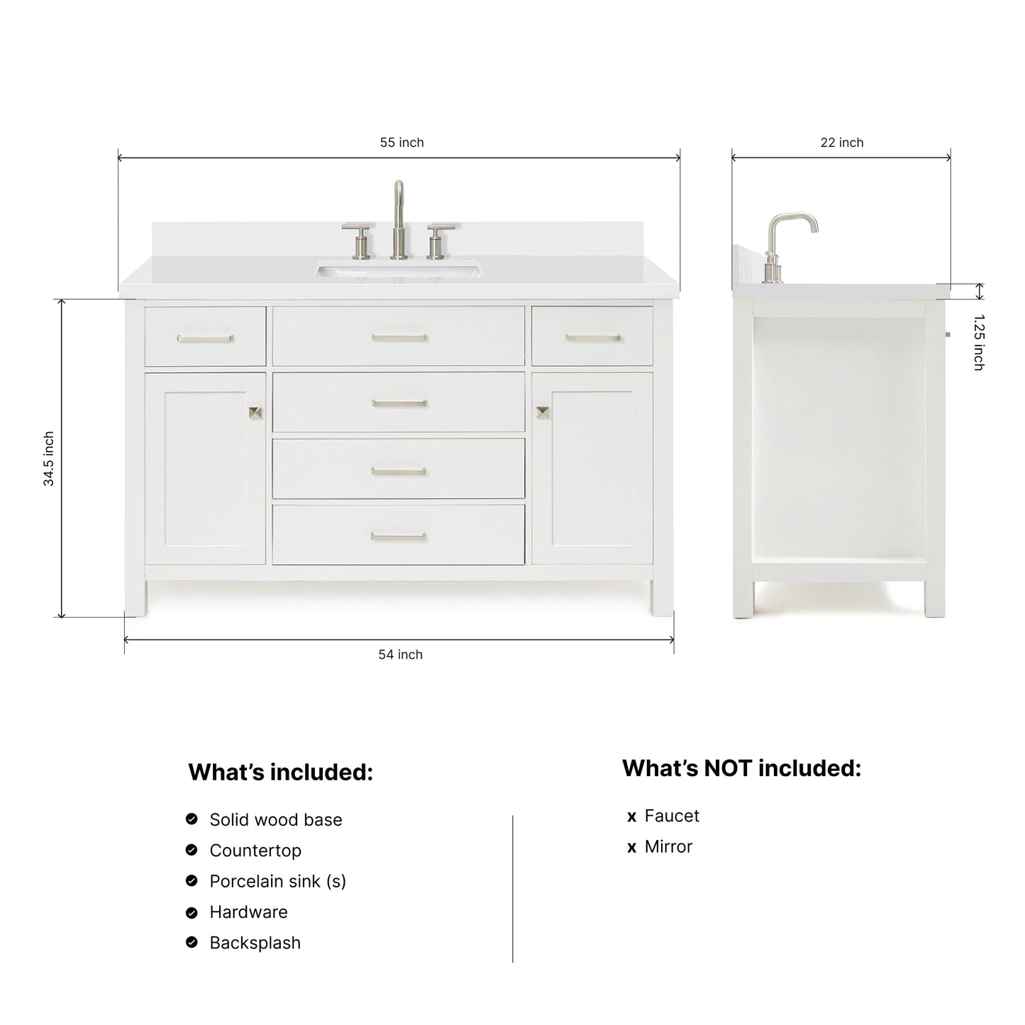 Alenza 54-inch White bathroom vanity on dimensions