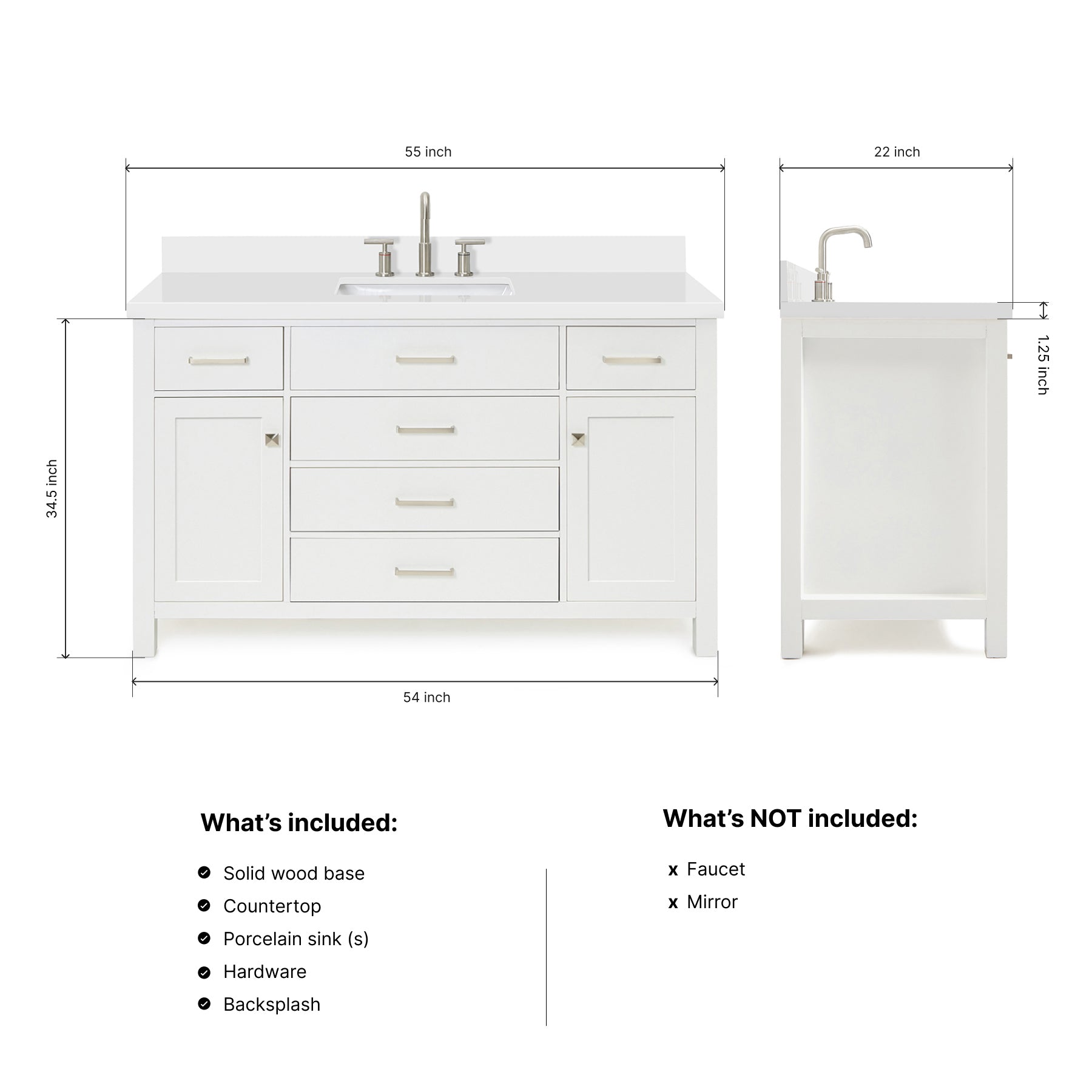 Alenza 54-inch White bathroom vanity on dimensions