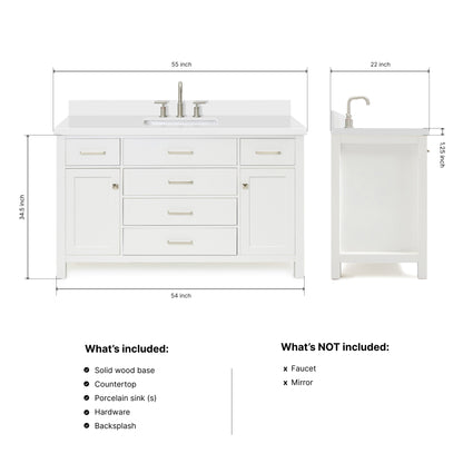 Alenza 54-inch White bathroom vanity on dimensions